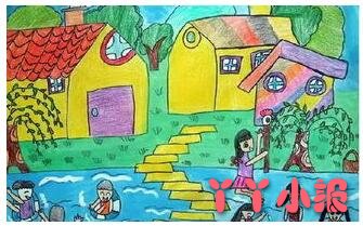 小学生家乡的房子大树风景儿童画