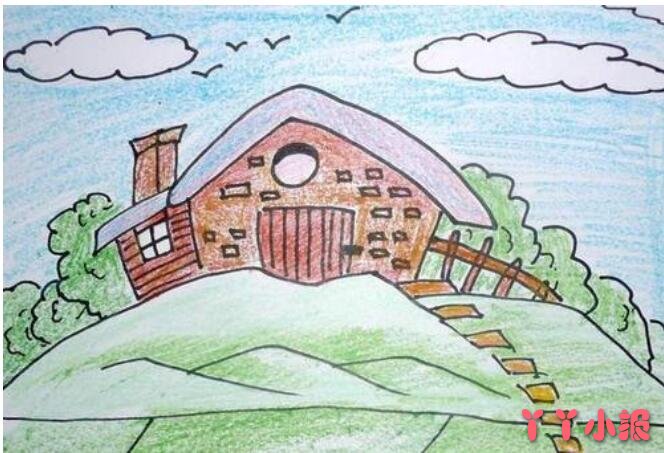 小学生家乡的房子大树风景儿童画