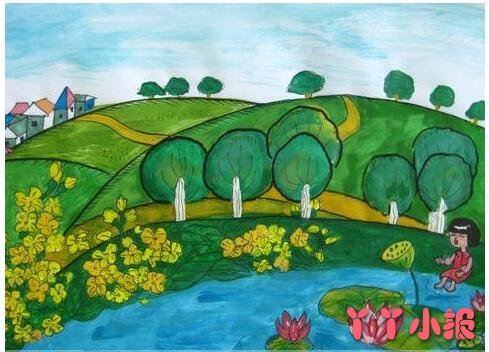 家乡山上大树河流风景儿童画简单好看获奖