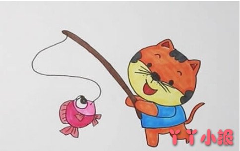 小猫钓鱼的画法步骤涂色简单又好看