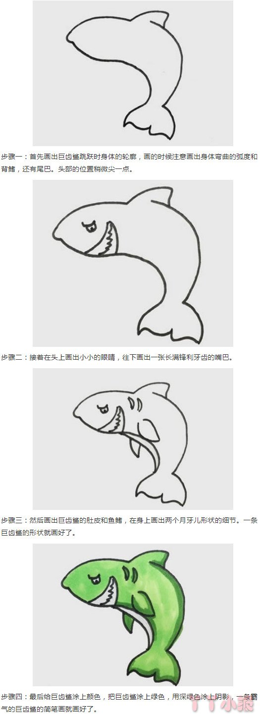 鲨鱼的画法步骤涂色简单 鲨鱼简笔画图片
