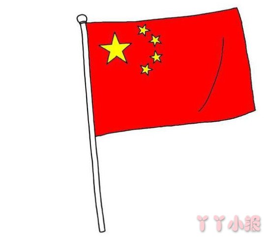 中华人民共和国国旗，旗面红色，长方形，长和宽为三与二之比。左上方缀五角星五颗。一星较大，居左；四星较小，环拱于大星之右，并各有一个角尖正对大星的中心点。