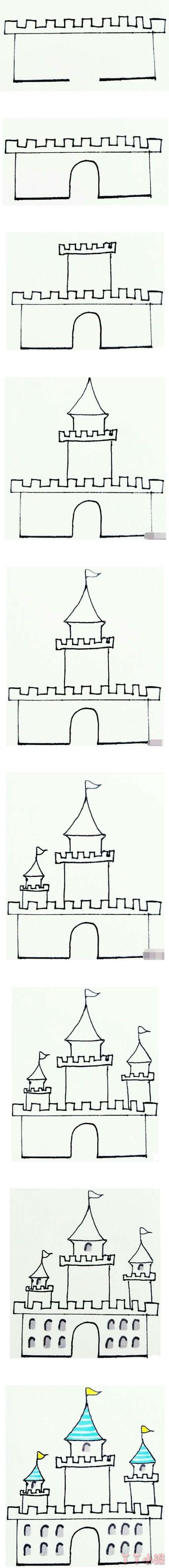  教你一步一步手绘城堡简笔画涂色简单漂亮