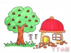 怎么绘画苹果树下房屋的简笔画带步骤简单又好看涂色