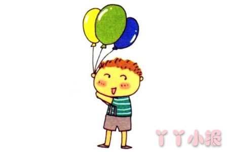 怎么画拿气球的小男孩简笔画带步骤简单又好看涂色