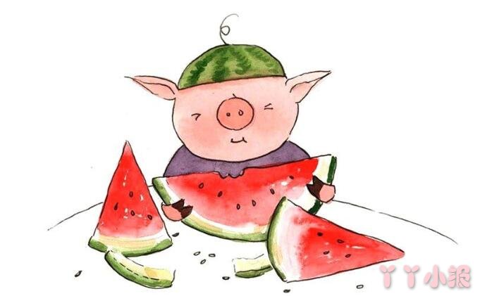 怎么画小猪吃西瓜简笔画带步骤简单又可爱涂色