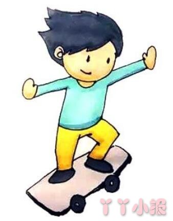 玩滑板的小男孩的画法步骤涂颜色 玩滑板的小男孩简笔画图片